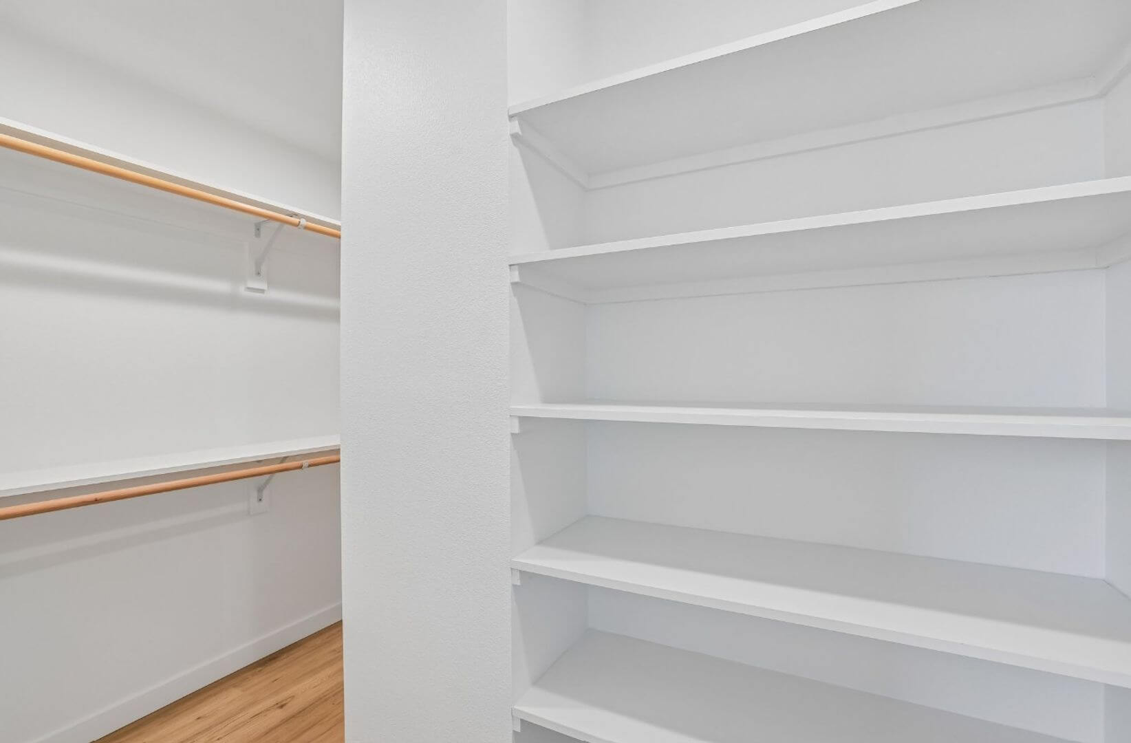 Walk-in closet with built-in shelving and hanging rods