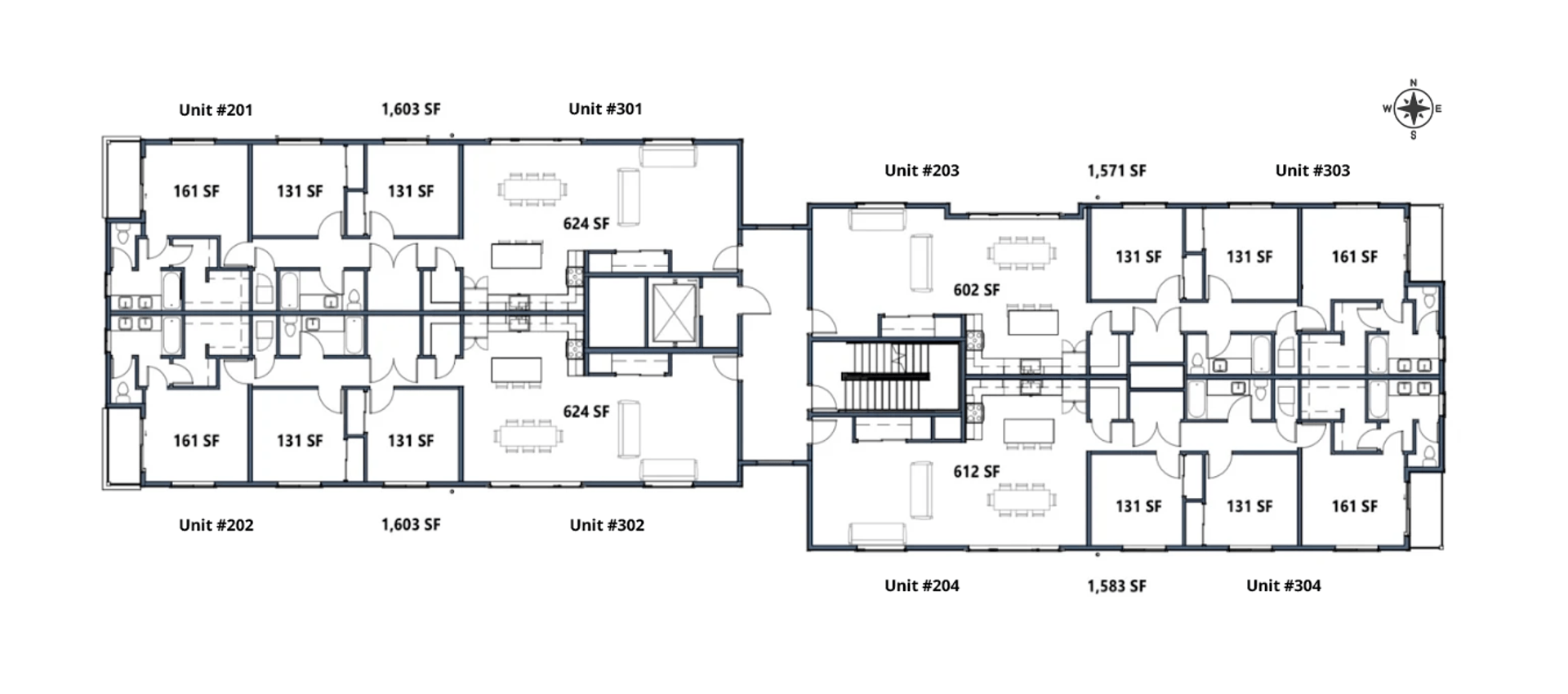 Building site plan showing residences 201, 202, 301, 302, 203, 204, 303 and 304