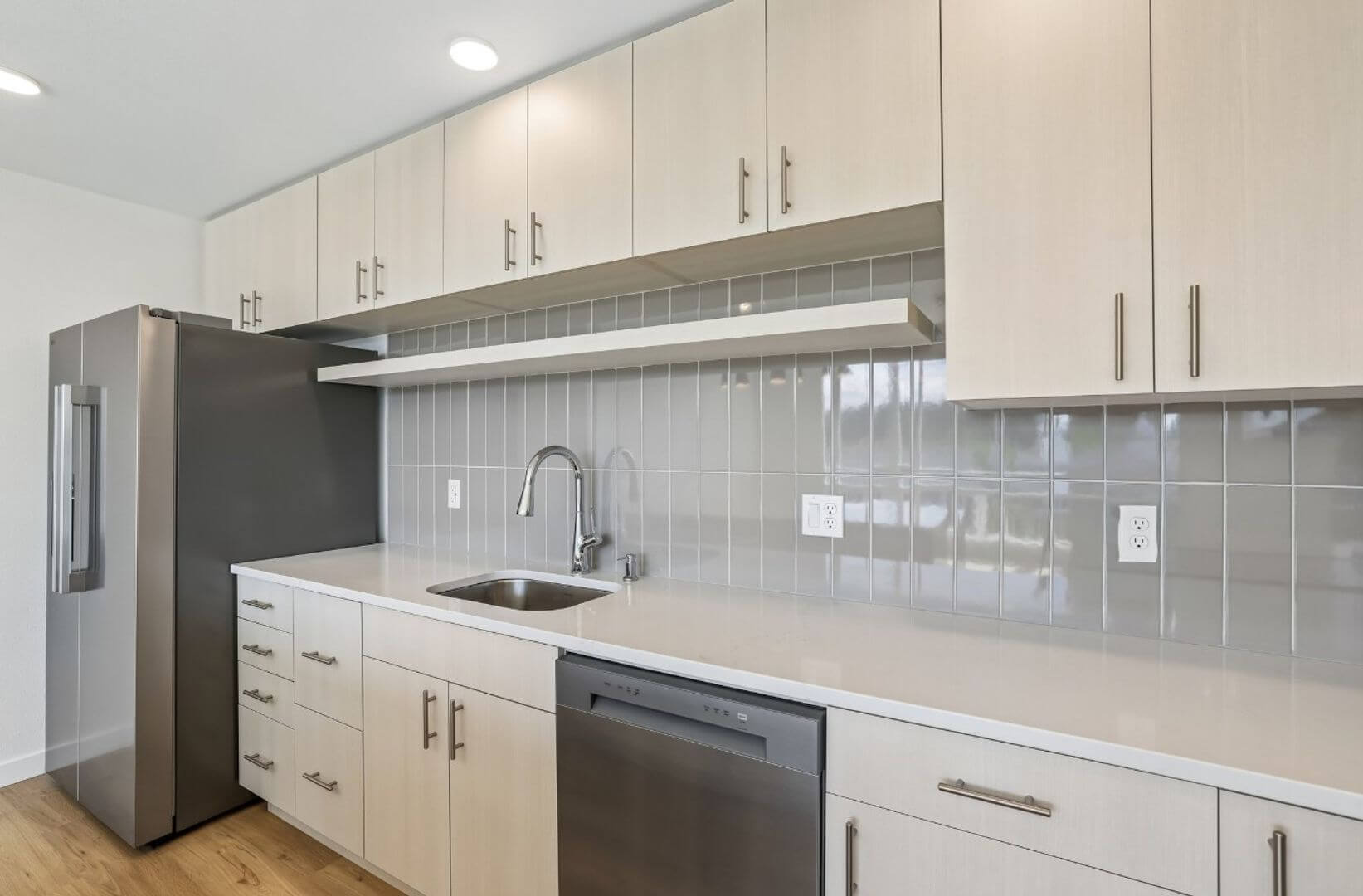 Kitchen sink and stainless dishwasher with tiled backsplash